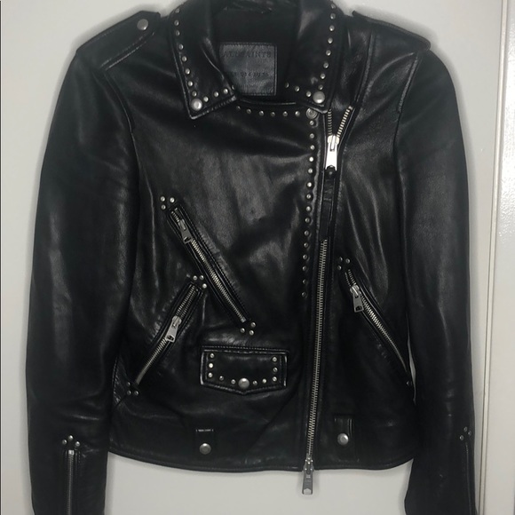 All Saints Black Studded Leather Jacket - Size 4 - Picture 2 of 4